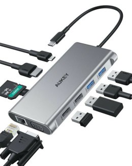 AUKEY CB-C89 aluminiowy Hub USB-C | 10w1 | RJ45 Ethernet 10/100/1000Mbps | 4xUSB | HDMI 4k@30Hz | SD i microSD | USB-C Power Delivery 
