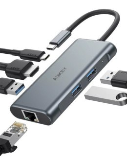 AUKEY CB-C75 aluminiowy Hub USB-C | 6w1 | RJ45 Ethernet 10/100/1000Mbps | 3xUSB 3.1 | HDMI 4k@30Hz | USB-C Power Delivery 100W